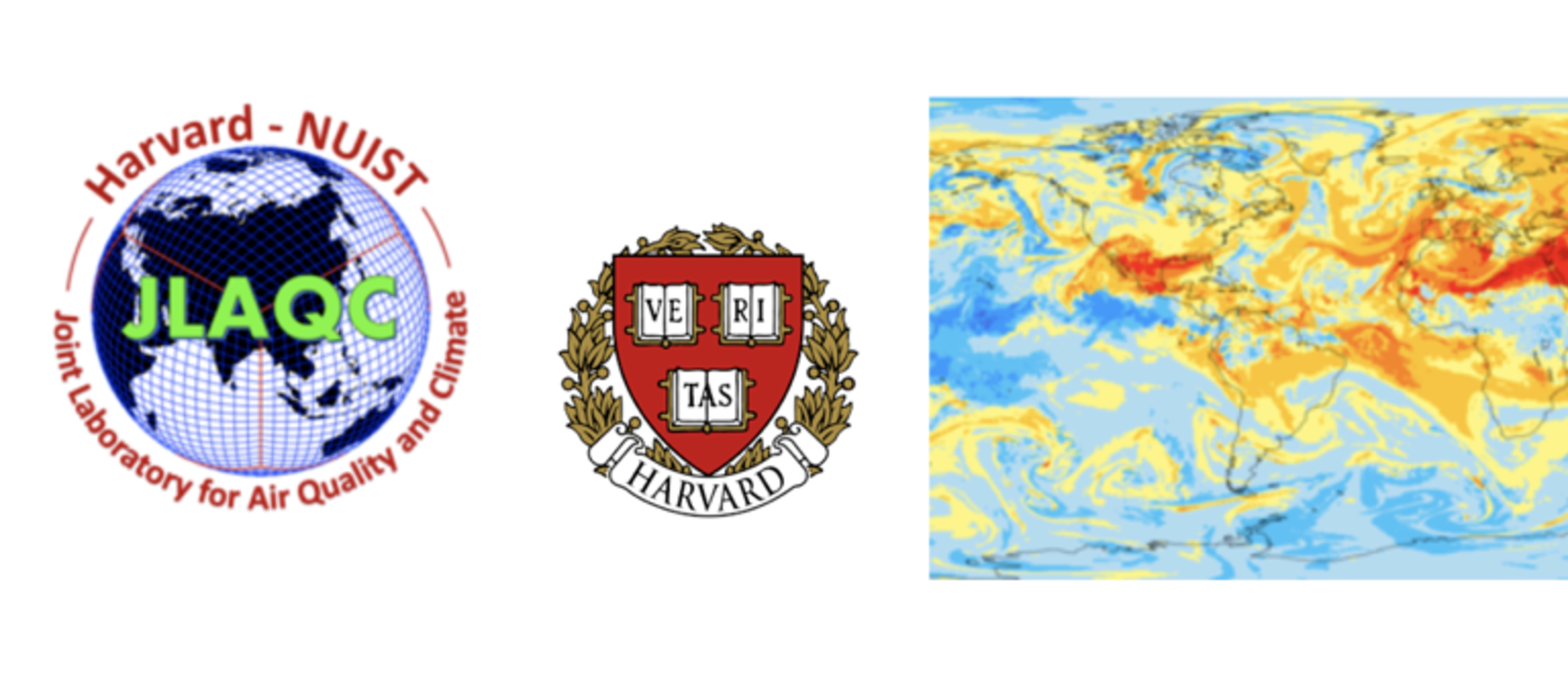 NUIST logo, JLAQC logo, Harvard logo and an atmospheric world map